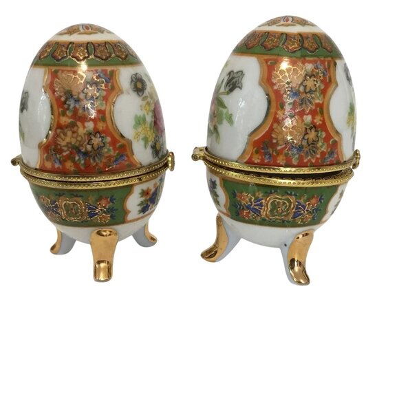 VTG Porcelain Egg Trinket Boxes Pair Floral Gilt Hinged Gold Tripod Stand 4" - Picture 4 of 10